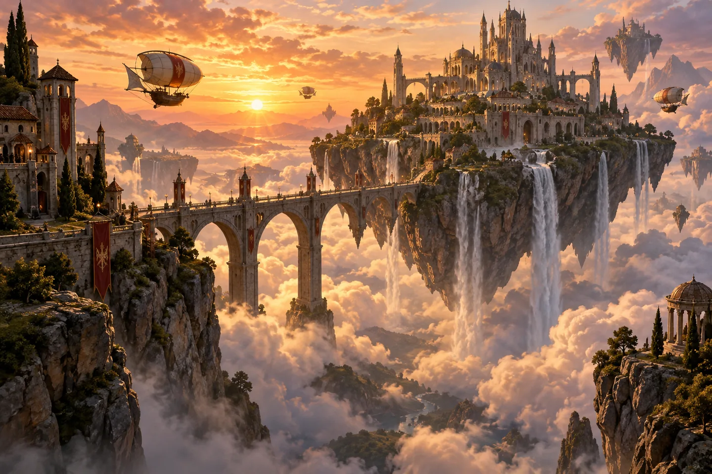 A floating island city with waterfalls pouring into the clouds, a stone bridge, and airships at sunset