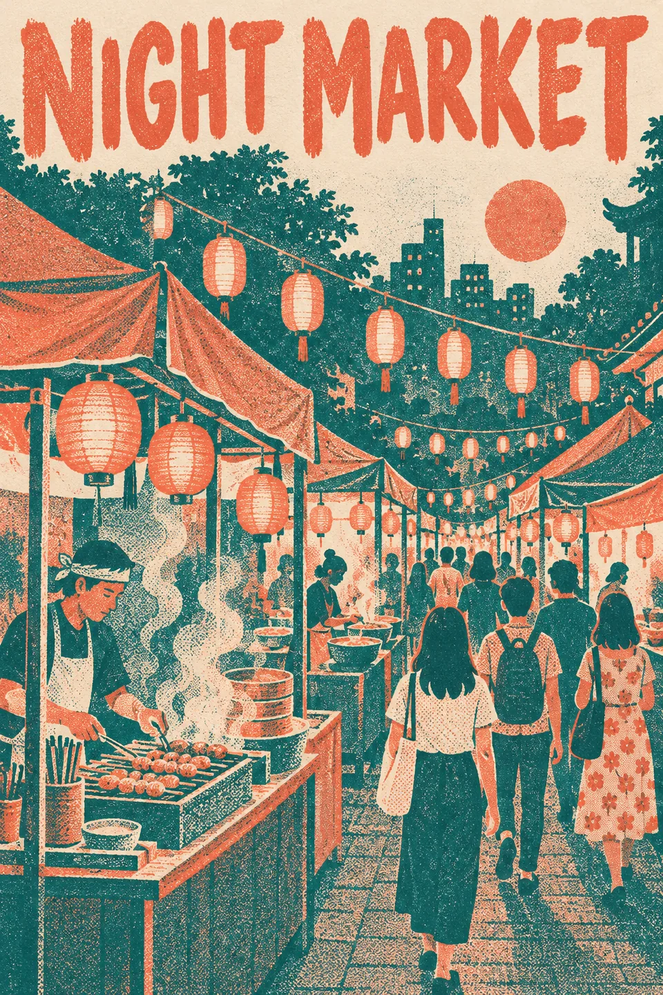 A coral and teal risograph poster titled NIGHT MARKET with lantern-lit food stalls and people walking