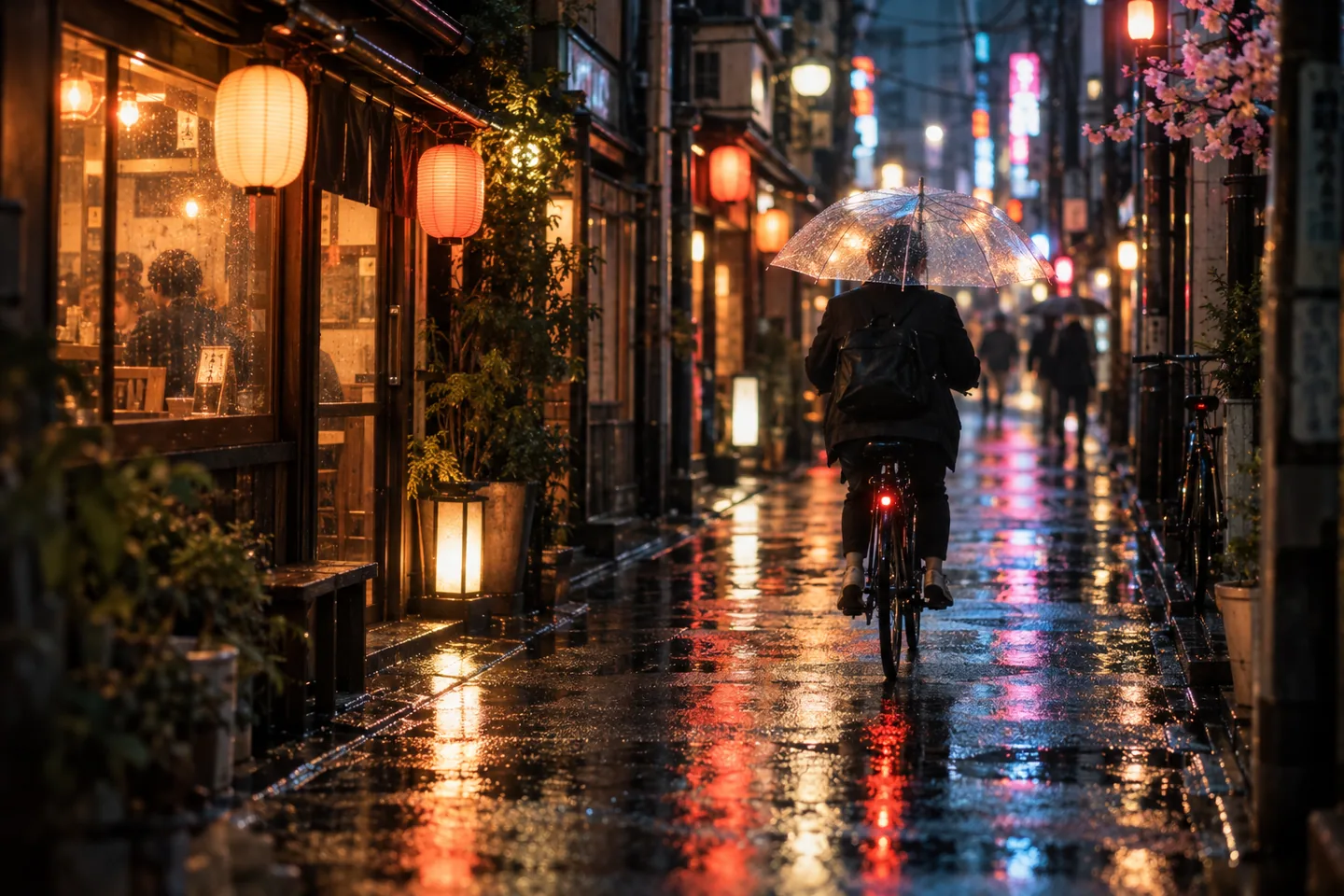 A cyclist with a clear umbrella riding down a rainy alley lit by paper lanterns and neon reflections