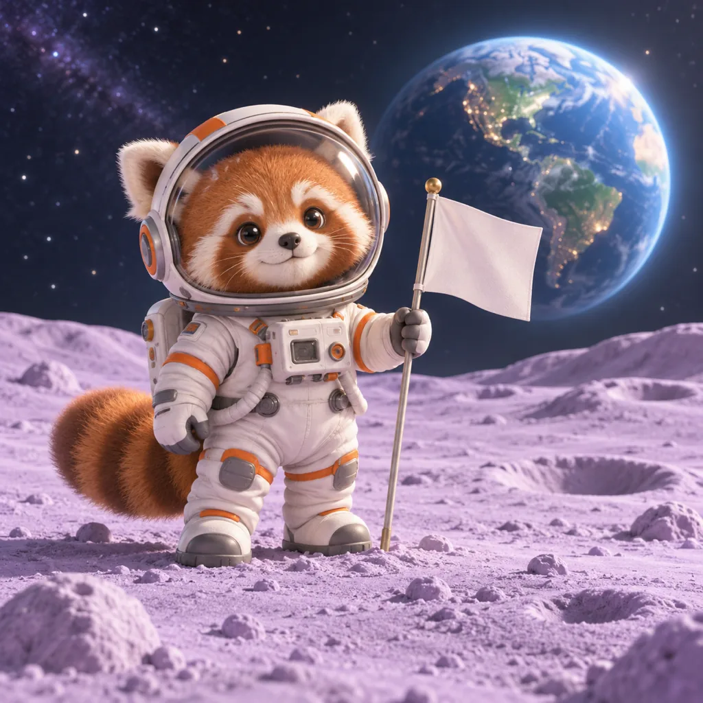 A cute red panda astronaut in a white spacesuit holding a flag on a lavender moon with Earth behind