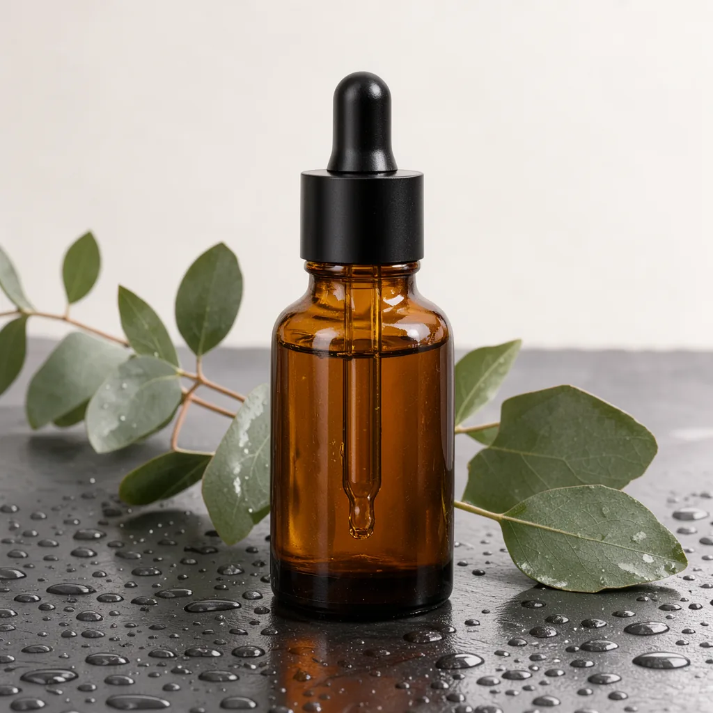 An amber glass serum bottle with a black dropper on wet slate, surrounded by eucalyptus leaves and water droplets